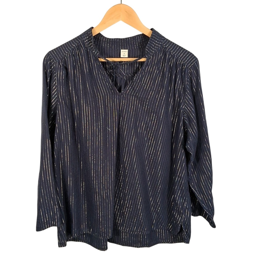 Old Navy Womens‎ M Navy Blue Metallic Stripe Long Sleeve Tie Neck Peasant Top